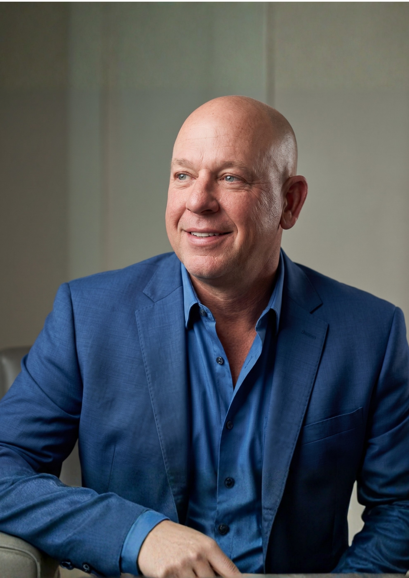Chris Eymann in suit seated smiling while looking on the left